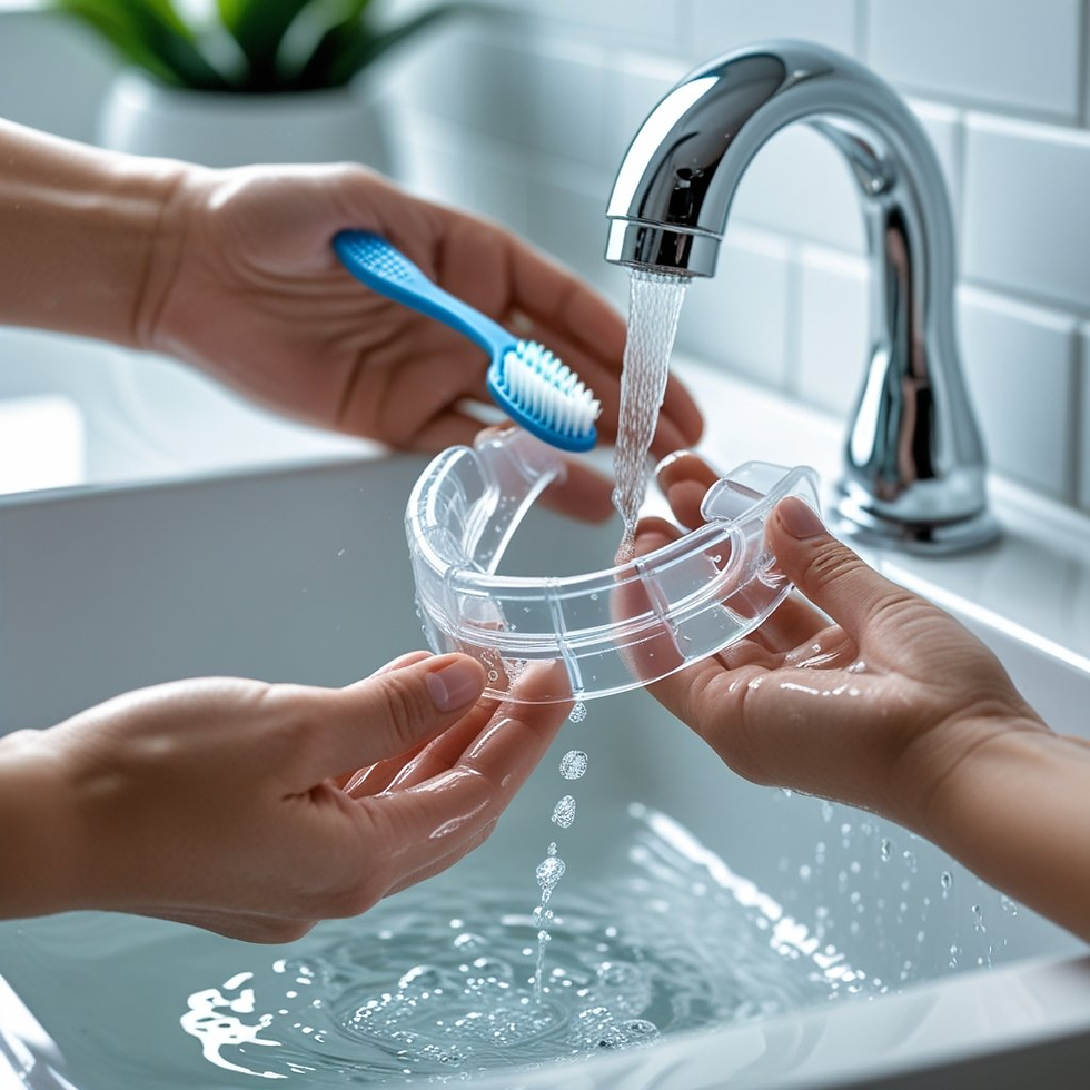 Hands washing a clear mouthguard under a chrome faucet, with a blue toothbrush nearby. White tiled background, water splashing.