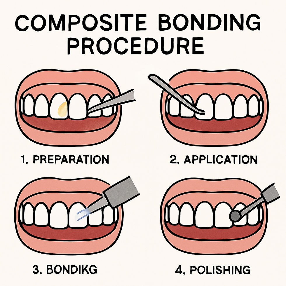 Four-step composite bonding procedure: preparation, application, bonding, polishing. Illustrated with tools on teeth, black text on white.