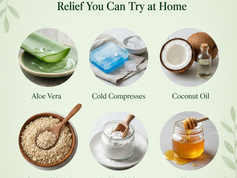 Home remedies for skin allergies: aloe vera, cold compresses, coconut oil, oatmeal, baking soda, honey. Green background with leaf motifs.