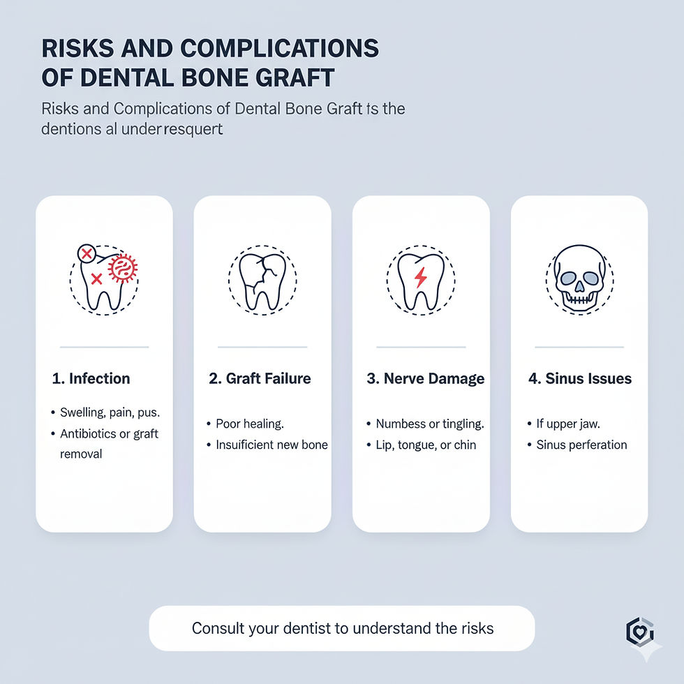 Dental bone graft risks: Infection, Graft Failure, Nerve Damage, Sinus Issues. Icons and text on light blue. Consult your dentist.