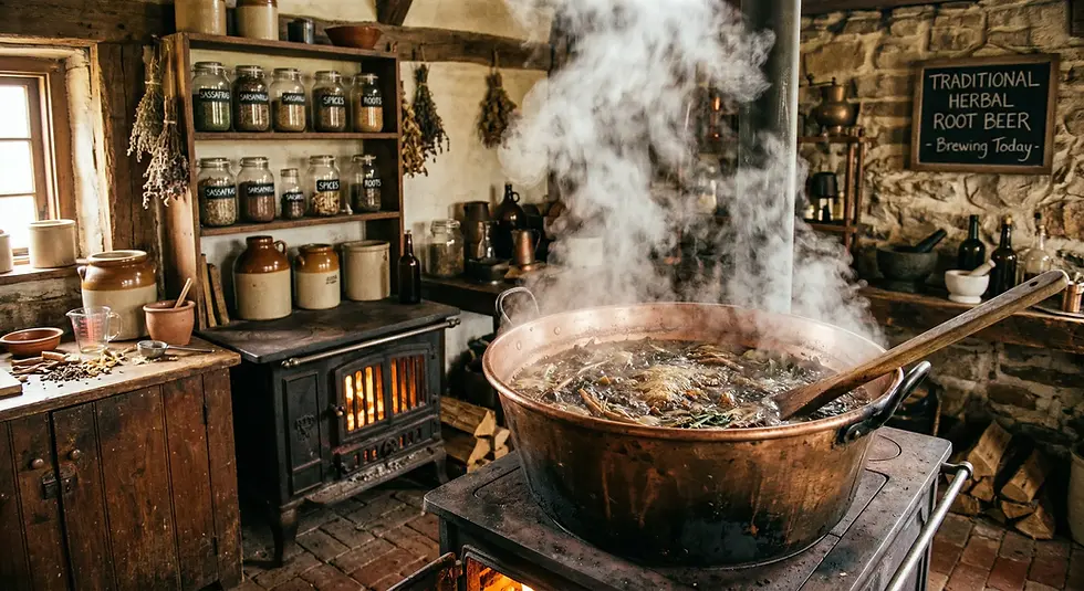 Steamy pot of herbal root beer brewing on a wood stove in a rustic kitchen. Shelves display jars, herbs hang drying, warm cozy ambiance.