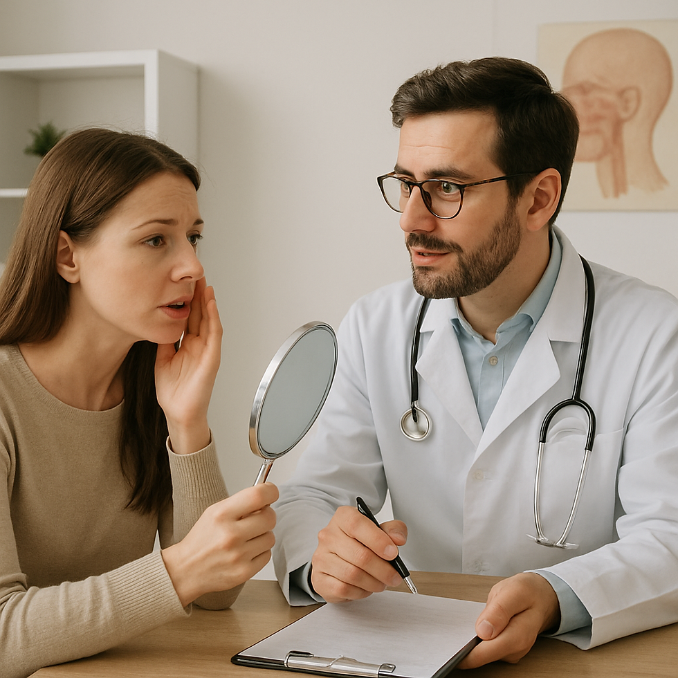 Doctor with stethoscope discusses with woman holding a mirror, in a medical office. Neutral colors, anatomical poster in the background.
