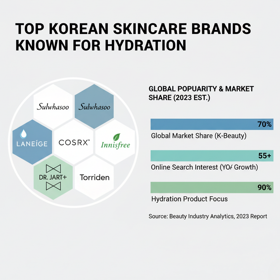 Hexagons display top Korean skincare brands: Laneige, Sulwhasoo, Innisfree, COSRX, Dr.Jart+, Torriden. Bar graph shows market data.