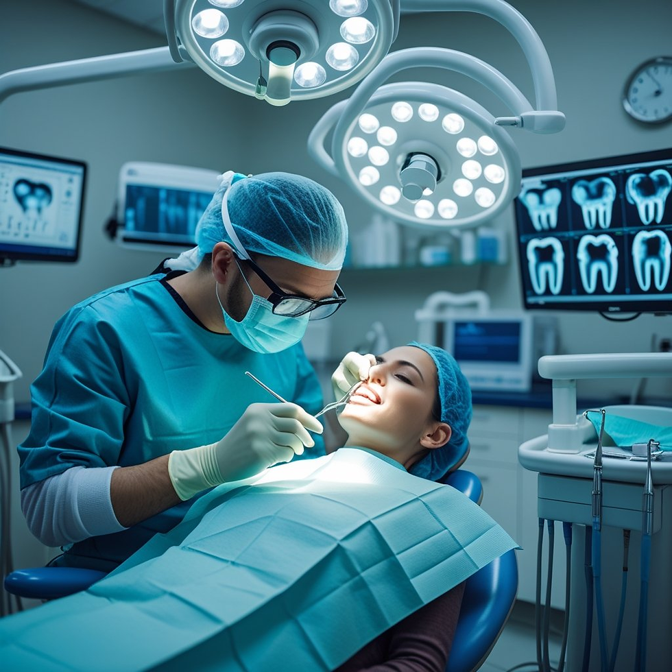 Dentist in blue scrubs examines a patient's mouth under bright surgical lights. X-rays displayed on monitors set a clinical, focused mood.