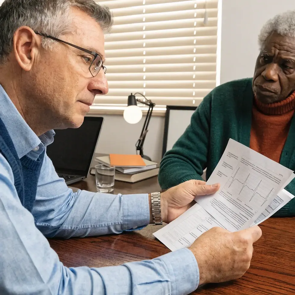 Two people in an office, one holding papers with graphs, the other listening. Books, laptop, and lamp on a wooden table. Serious mood.