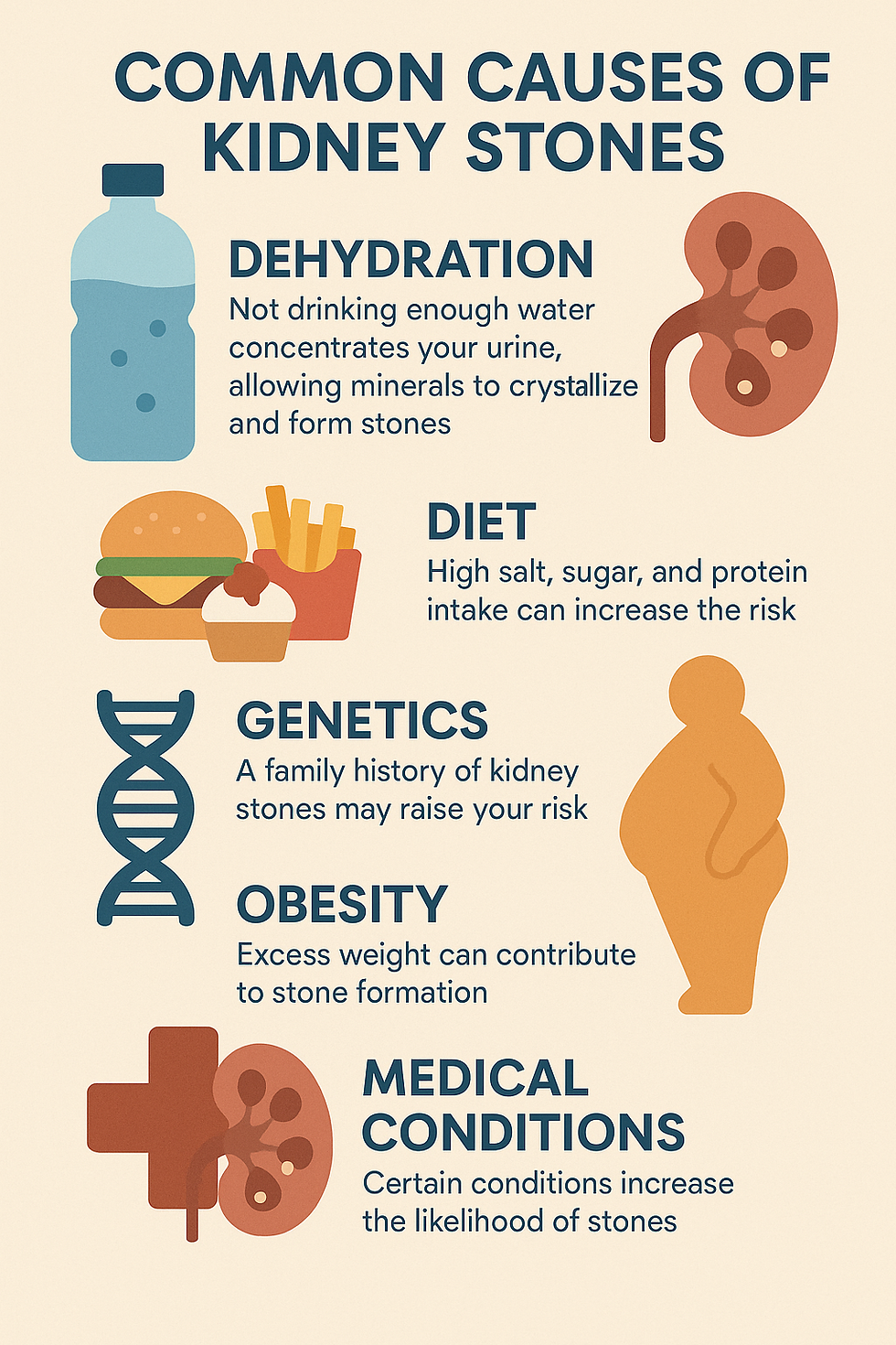 Infographic of common kidney stone causes: dehydration, diet, genetics, obesity, and medical conditions, with icons and descriptions.