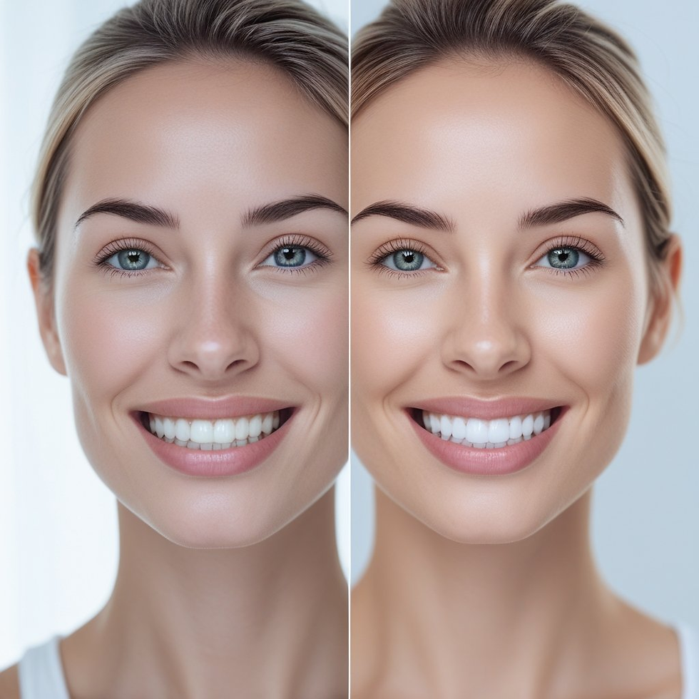 Split image of a smiling woman. Both sides show her face close-up in soft lighting with a neutral background, highlighting teeth.