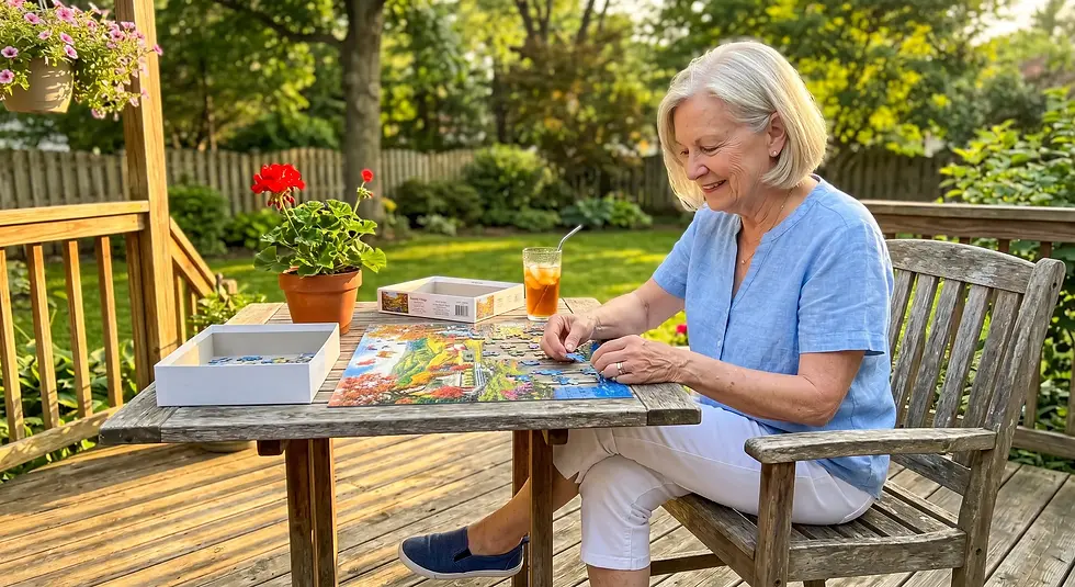 Woman assembling a colorful puzzle on a wooden deck, surrounded by greenery. A drink and potted flowers add a relaxed vibe.