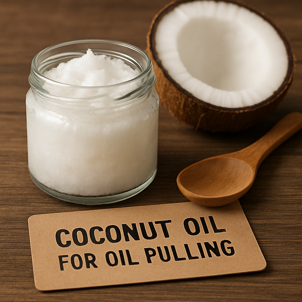 Jar of coconut oil with a wooden spoon and half coconut on a wooden surface. Card reads "Coconut Oil for Oil Pulling." Natural setting.