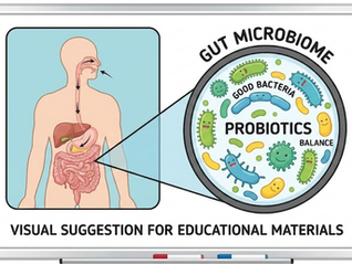 Illustration of human digestive system with gut microbiome detail. Colorful bacteria labeled "Probiotics." Text: "Visual Suggestion for Educational Materials."