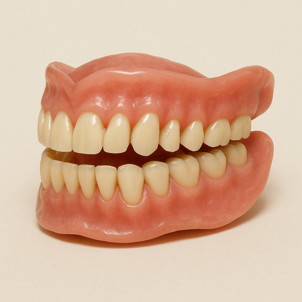 A set of pink dentures with white teeth sits on a plain cream background, displaying a realistic appearance with detailed textures.