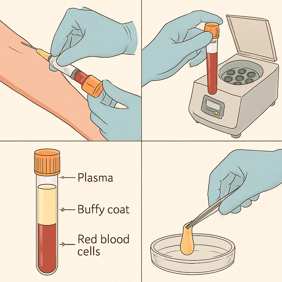 Gloved hands extract blood, centrifuge it, show plasma layers, and place a substance in a dish. Labeled vial: Plasma, Buffy coat, RBCs.