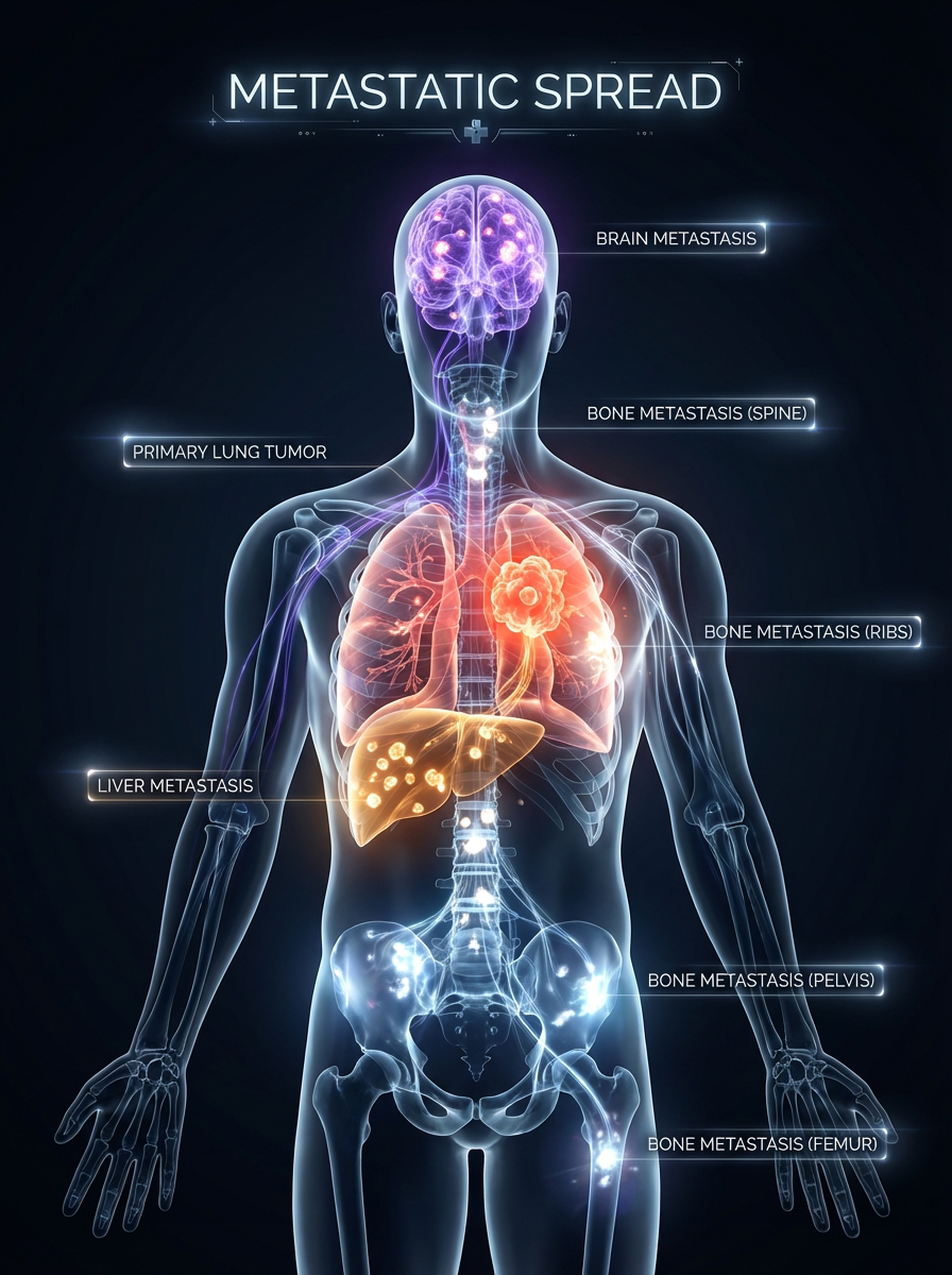 Transparent human figure showing labeled metastases: brain, spine, ribs, pelvis, femur, lung tumor, liver metastasis. Dark background.