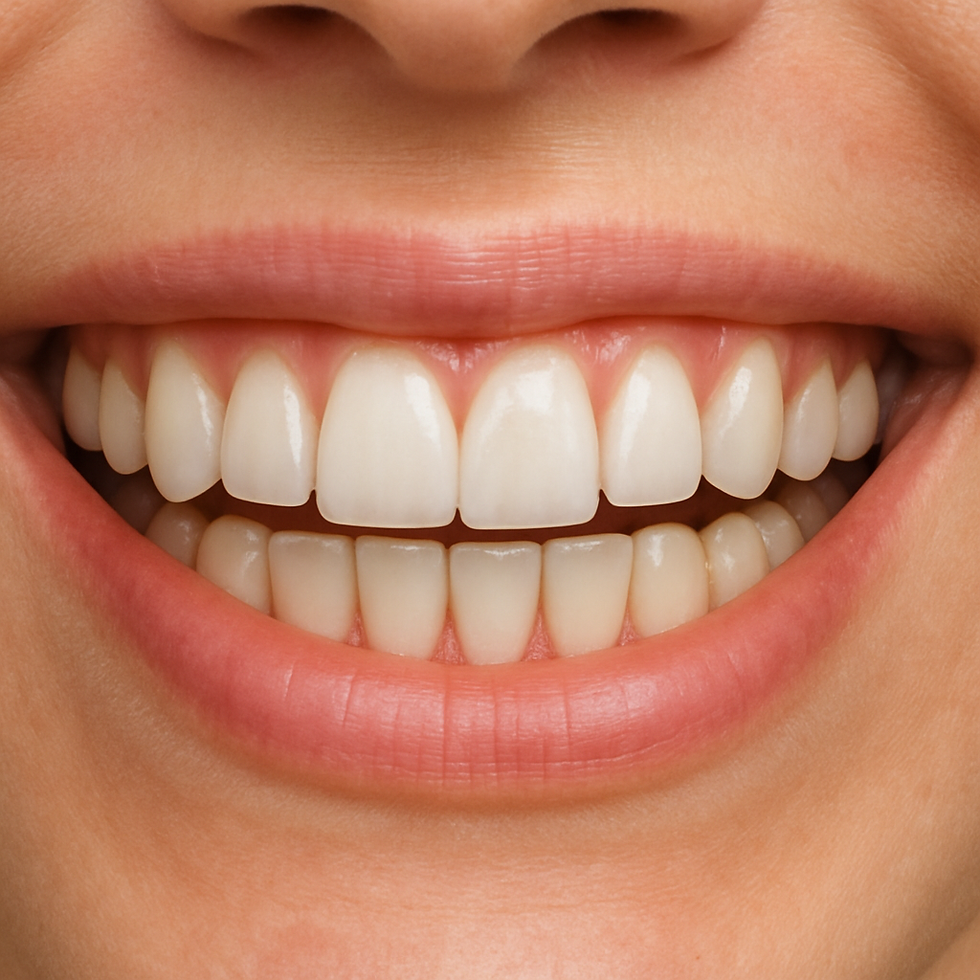 Close-up of a smiling mouth with clean, white teeth. Lips are light pink, conveying a cheerful mood. No background visible.