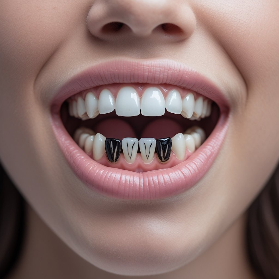 Close-up of a smiling mouth with clean white teeth. The lower teeth have a pattern of alternating black and white triangular shapes.
