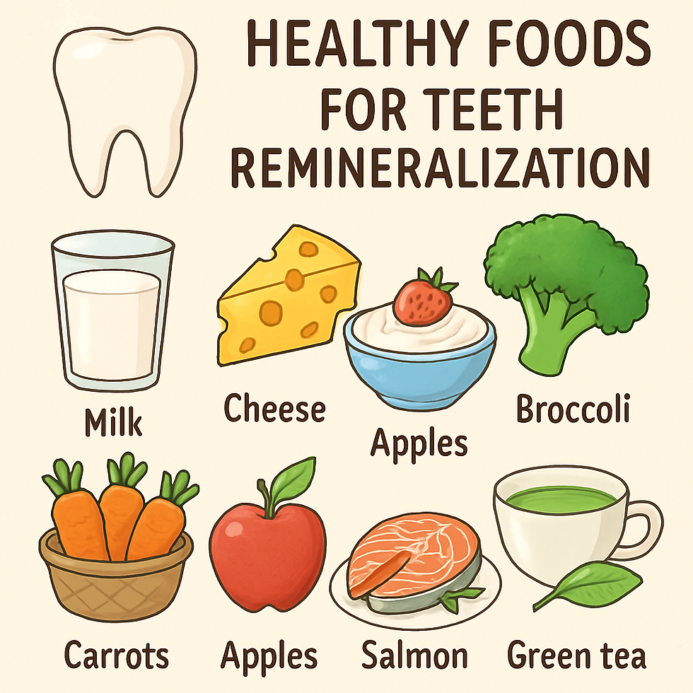 Healthy foods for teeth remineralization: milk, cheese, apples, broccoli, carrots, salmon, green tea. Illustrated with a tooth graphic.