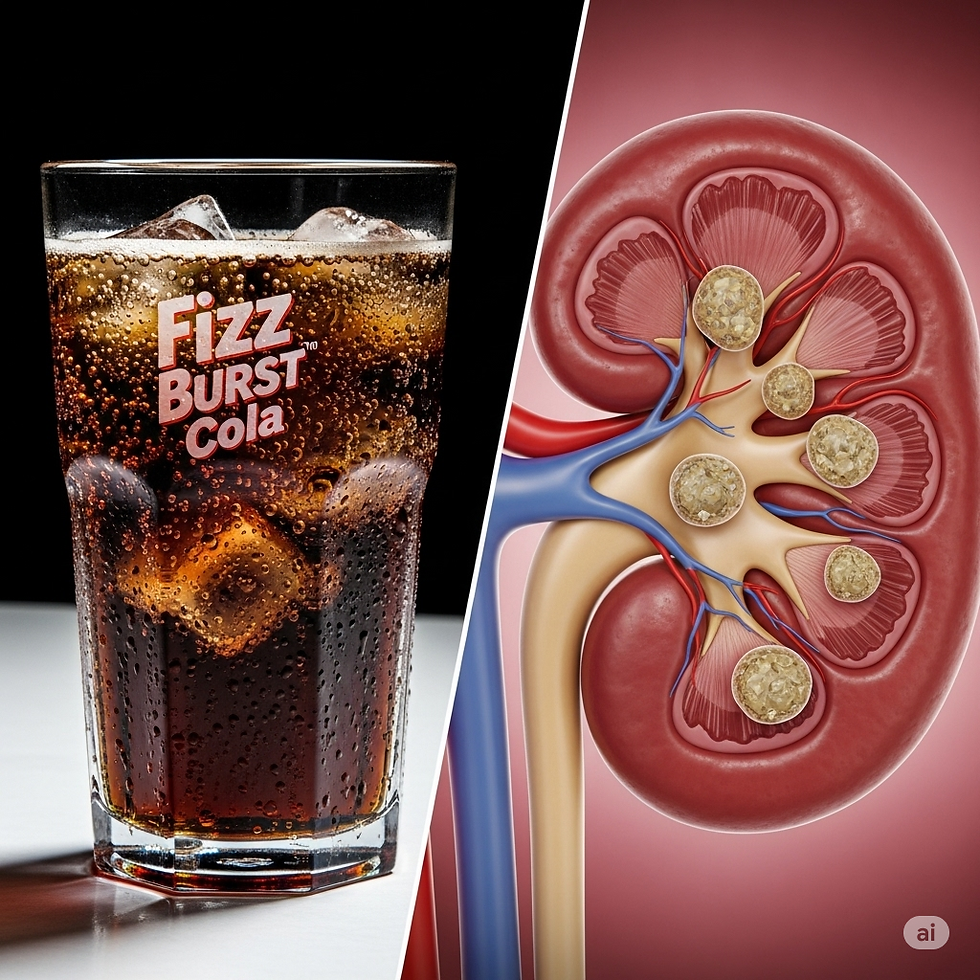 Glass of fizzy cola with ice labeled "Fizz Burst Cola" on left; cross-section of kidney with stones on right. Contrast in health themes.