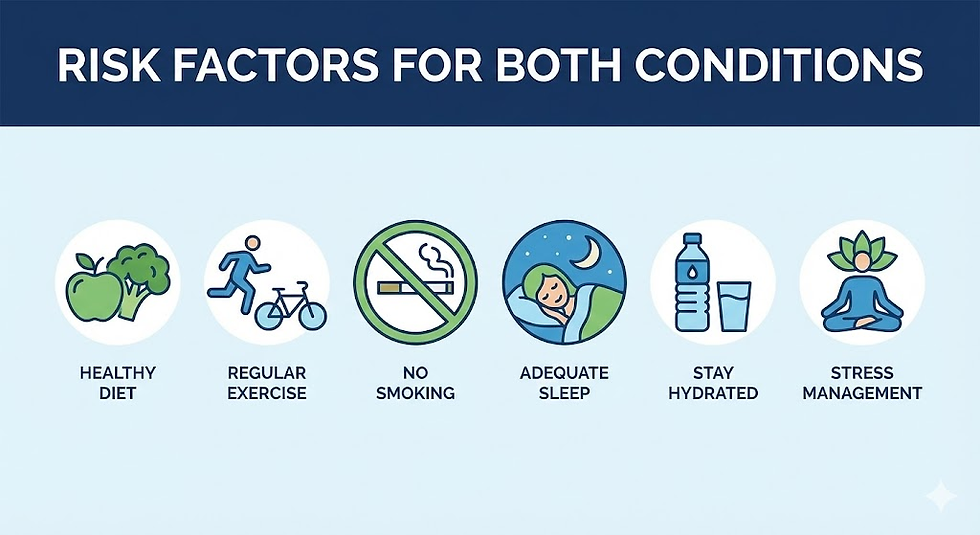Icons illustrate risk reduction: healthy diet, exercise, no smoking, sleep, hydration, stress management. Text reads "Risk Factors for Both Conditions".