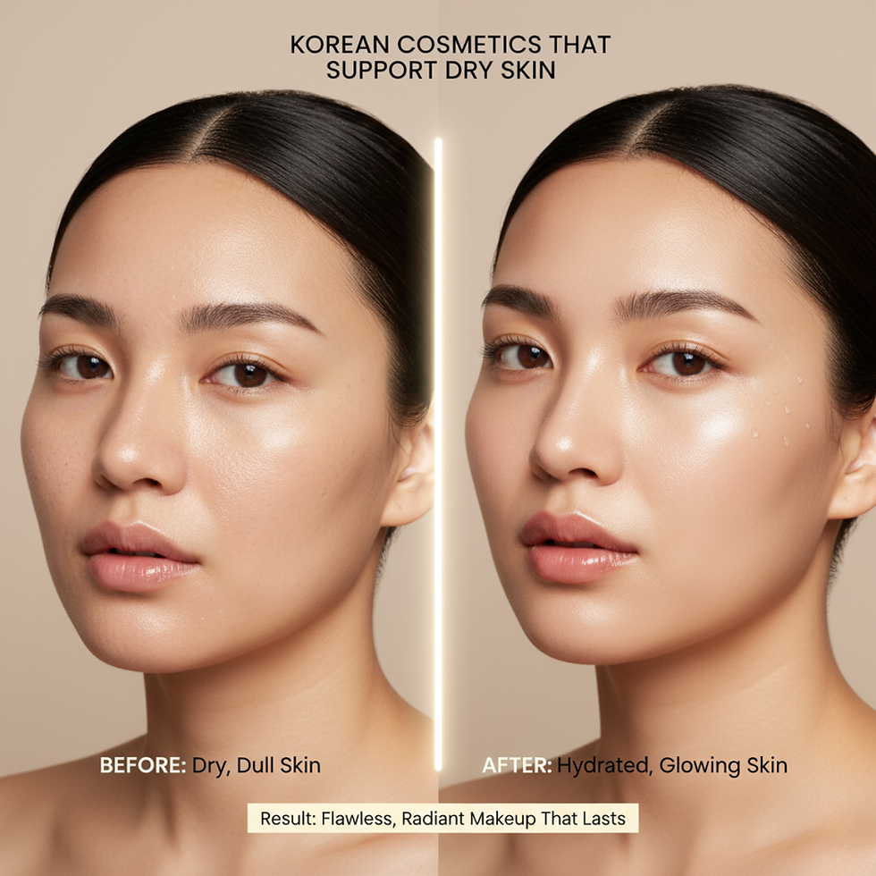 Before-and-after photo of a woman's face using Korean cosmetics for dry skin. Left side dull, right side glowing. Text: "Flawless, Radiant Makeup."