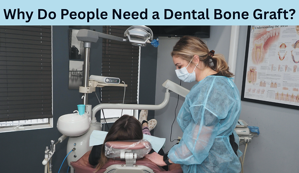 Dentist in blue gown and mask attends to reclining patient in a dental chair. Text above reads: Why Do People Need a Dental Bone Graft?