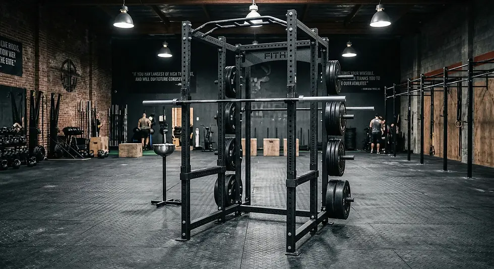 Gym interior with squat rack and weights in focus. People exercise in the background. Brick walls, dim lighting, motivational signs adorn.