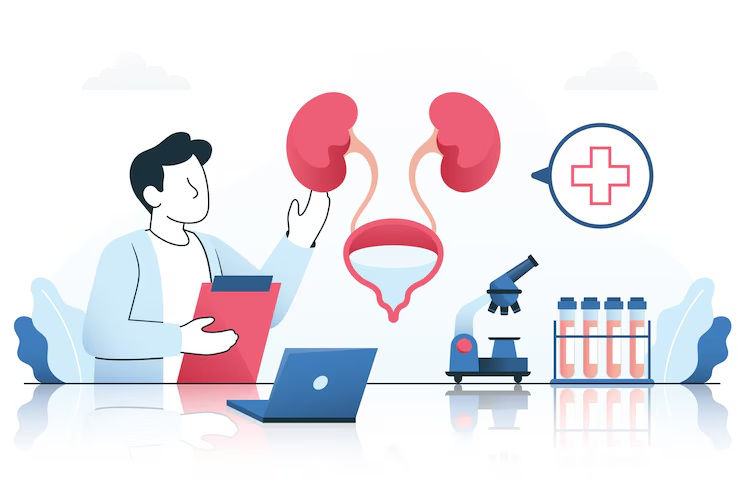 A person with a laptop and clipboard observes a diagram of kidneys and bladder. Nearby, a microscope and test tubes. Medical theme.