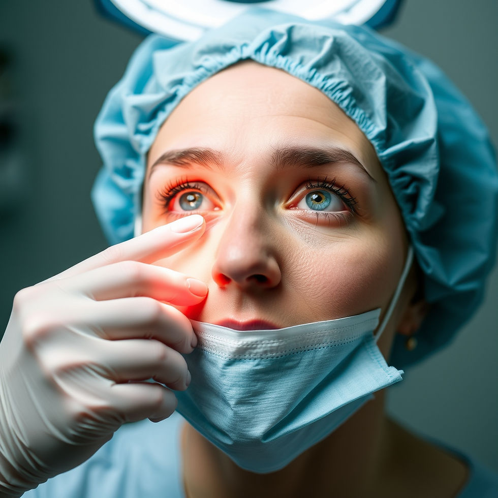 A person in surgical attire, wearing a mask and cap, looks upward with focused eyes. Gloved hand touches under the eye. Soft lighting.