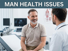 Doctor and patient discuss health in a clinic. Patient wears a beige shirt. Medical charts and screens in background. Text: "MAN HEALTH ISSUES".
