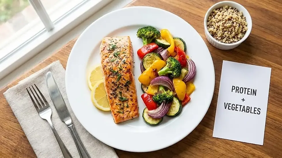 Salmon with herbs, colorful veggies, and lemon slices on a plate. Quinoa in a cup and fork on a napkin beside card reading "PROTEIN + VEGETABLES."