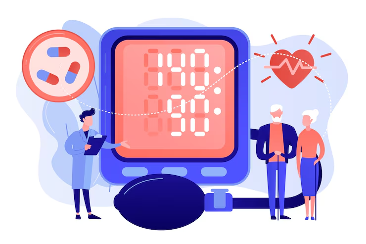 Doctor explains blood pressure monitor to elderly couple. Pills and heart with ECG line in the background, portraying a healthcare theme.
