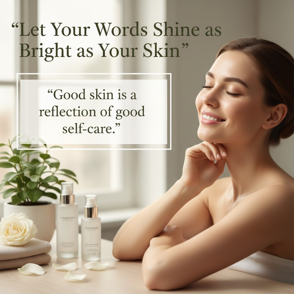 Smiling woman with closed eyes in a spa-like setting, skincare products and a rose beside her. Text: "Let Your Words Shine as Bright as Your Skin."