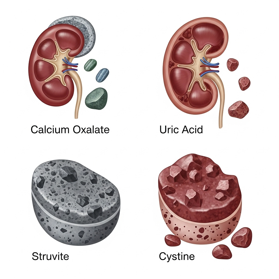 Illustration of kidneys with different kidney stones: Calcium Oxalate, Uric Acid, Struvite, and Cystine, labeled with text.