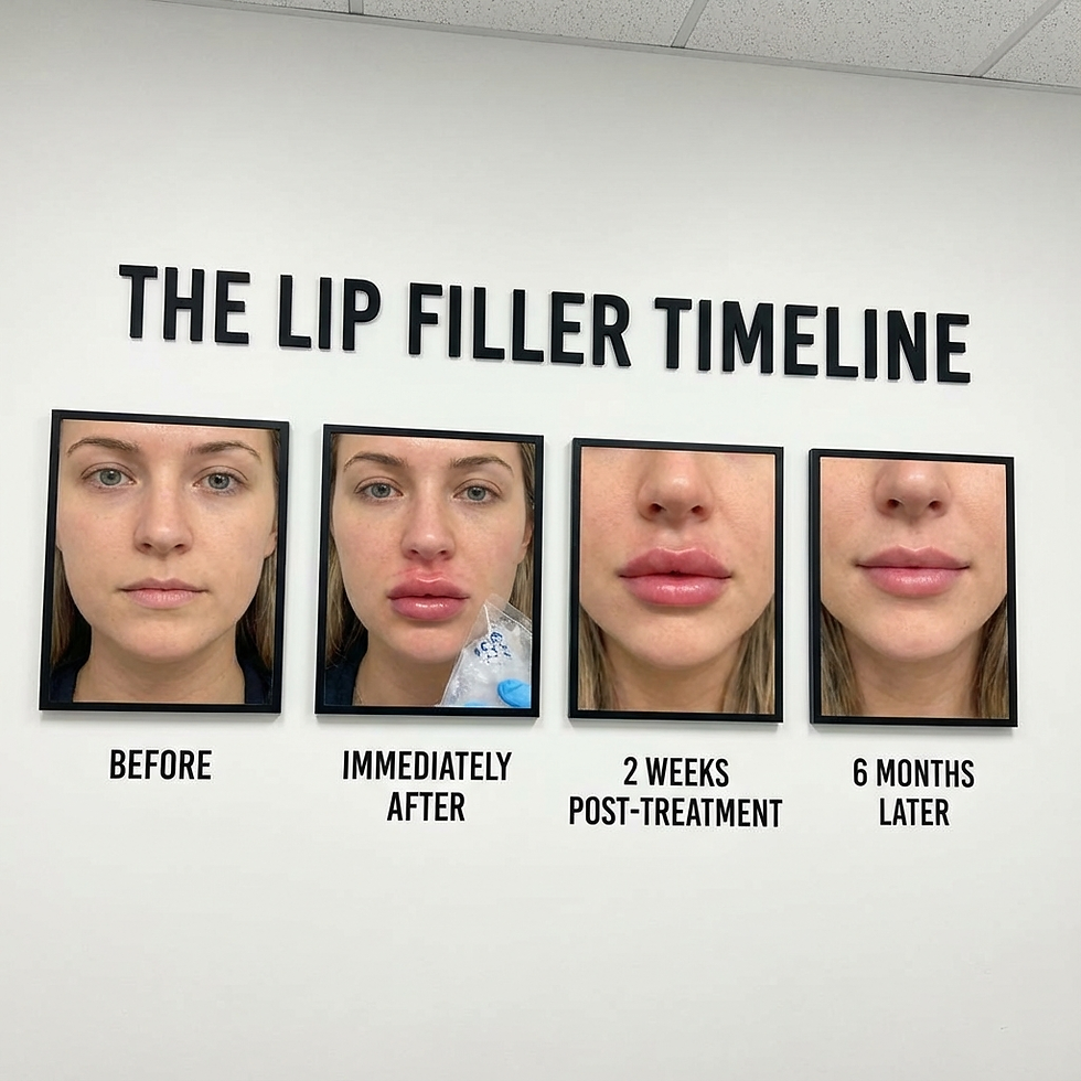 Image displaying four stages of lip filler treatment with photos labeled: Before, Immediately After, 2 Weeks Post-Treatment, 6 Months Later.