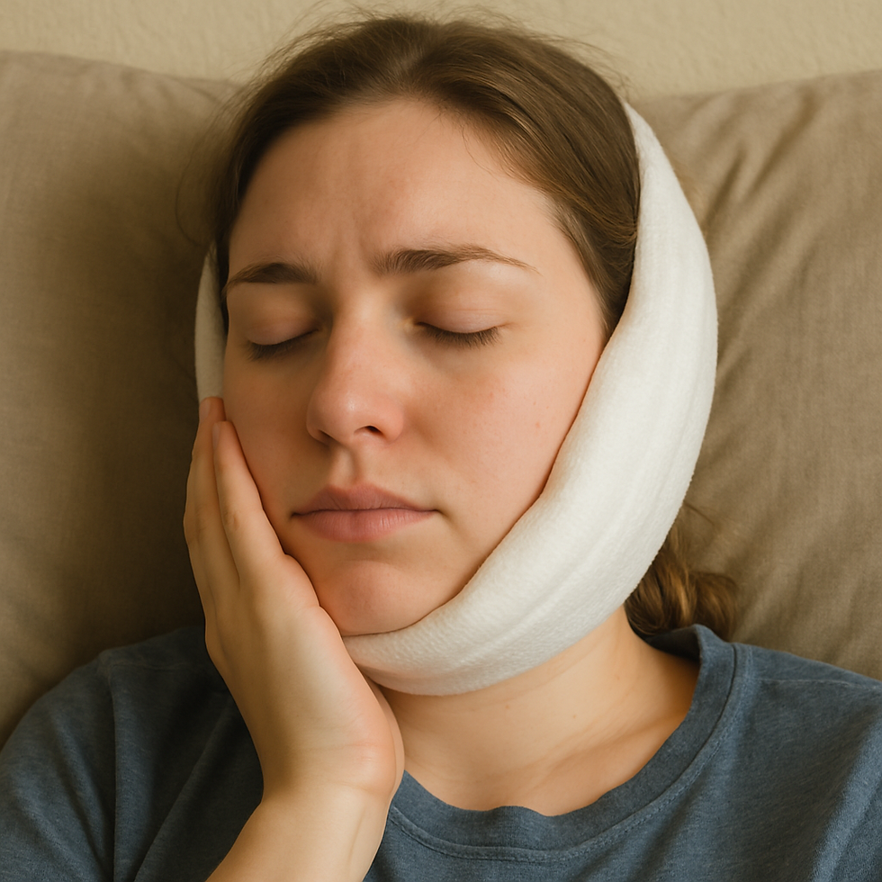 Woman with eyes closed rests on a pillow, holding her cheek. A white bandage is wrapped around her head, indicating discomfort or recovery.