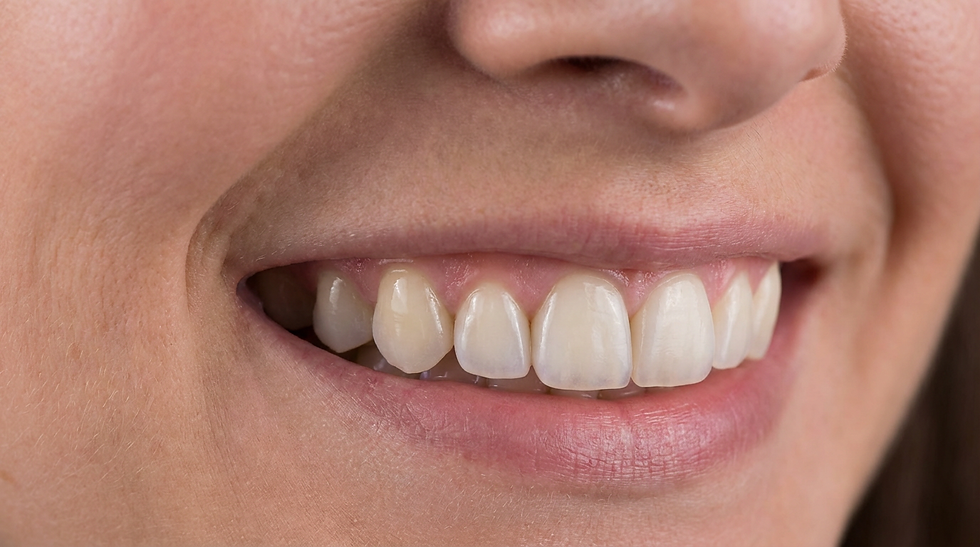 Close-up of a woman's smiling mouth showing clean, white teeth and pink lips. Skin tone is light, conveying a joyful mood. No text.