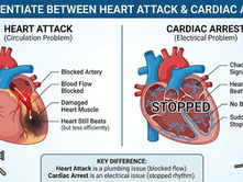 Diagram contrasting heart attack (blocked artery, damaged muscle) and cardiac arrest (chaotic signals, heart stops); key differences noted.