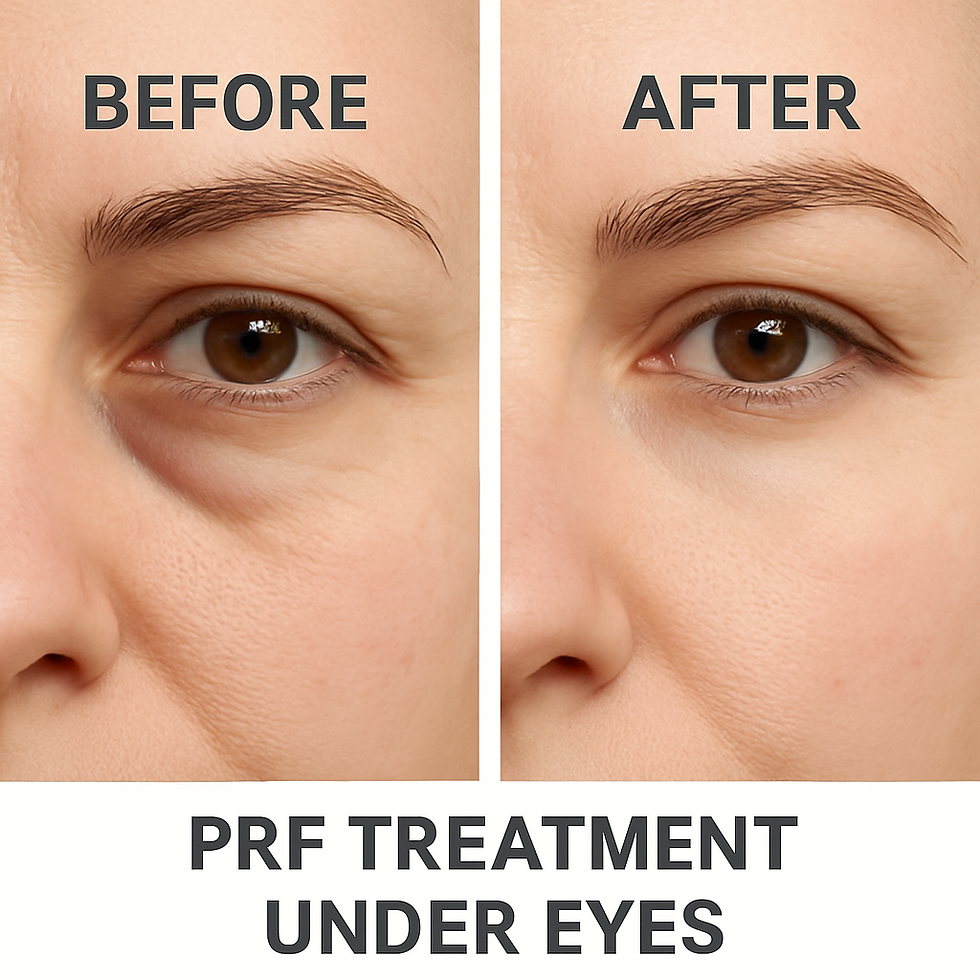 Close-up of eyes showing PRF treatment results. Left eye before with under-eye bags; right eye after, smoother skin. Text: "BEFORE" and "AFTER".