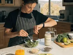 Person in striped apron preparing salad in a kitchen, surrounded by avocado, lime, almond milk, juice, and other ingredients. Sunny setting.