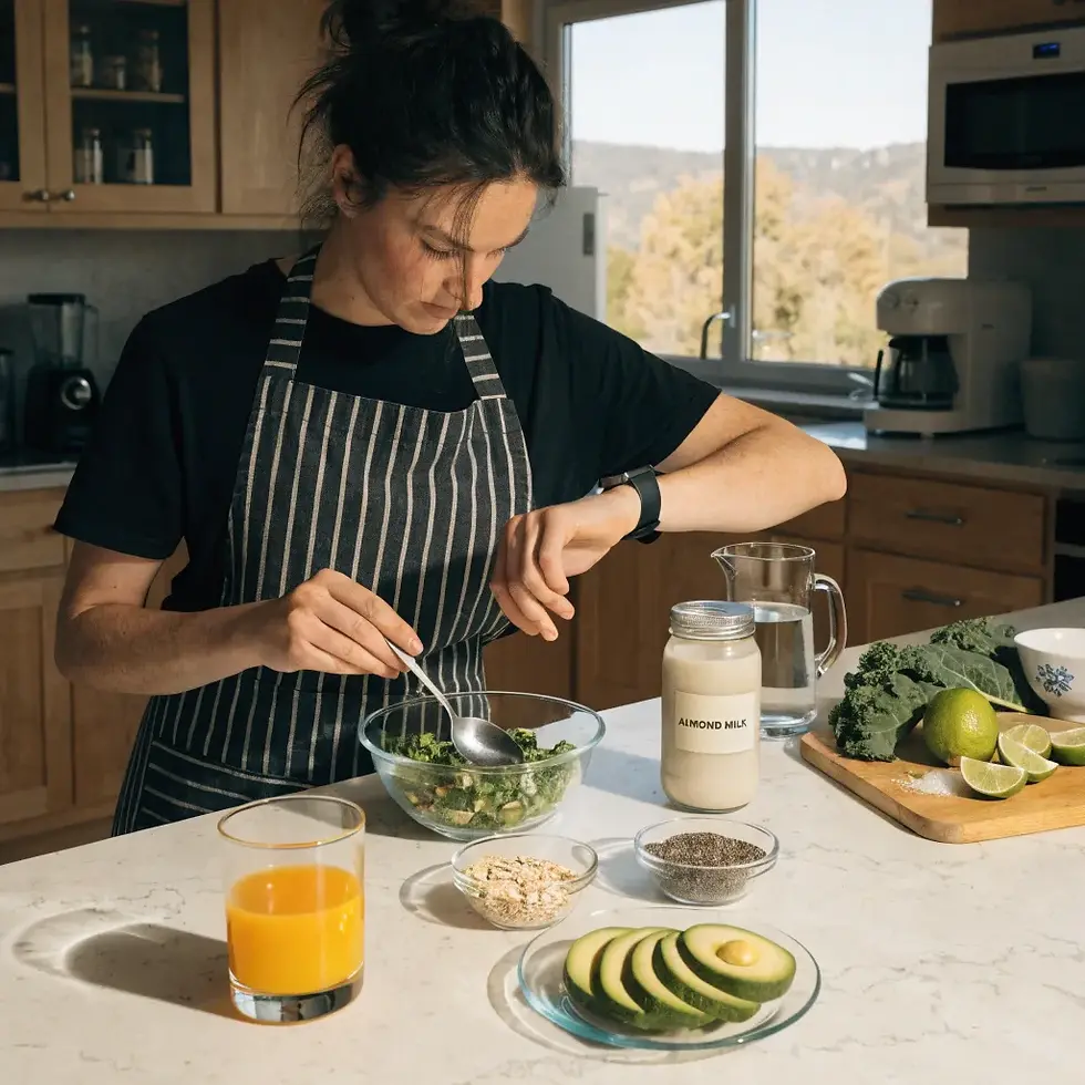 Person in striped apron preparing salad in a kitchen, surrounded by avocado, lime, almond milk, juice, and other ingredients. Sunny setting.