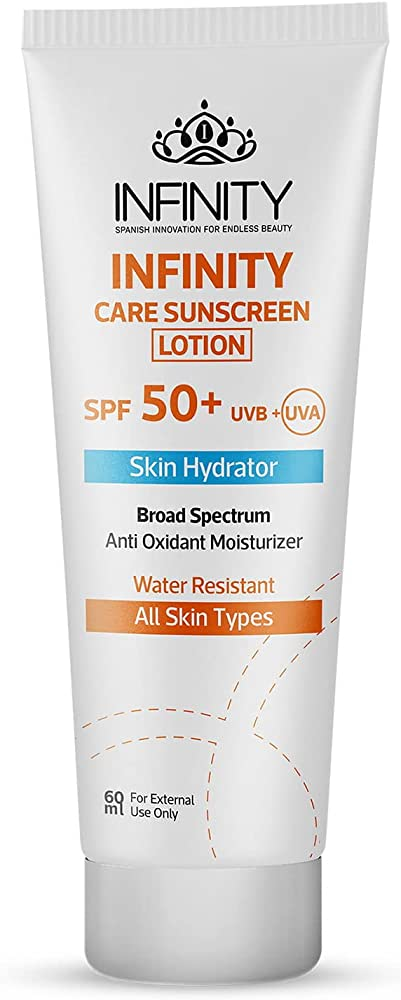 Tube of Infinity Care Sunscreen Lotion SPF 50+ on white background. Text highlights water resistance, hydrating, antioxidant, 60ml.