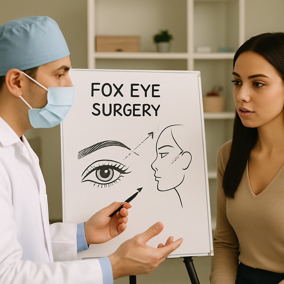 A masked surgeon explains "Fox Eye Surgery" using a diagram to a woman in an office setting. The mood is informative and focused.