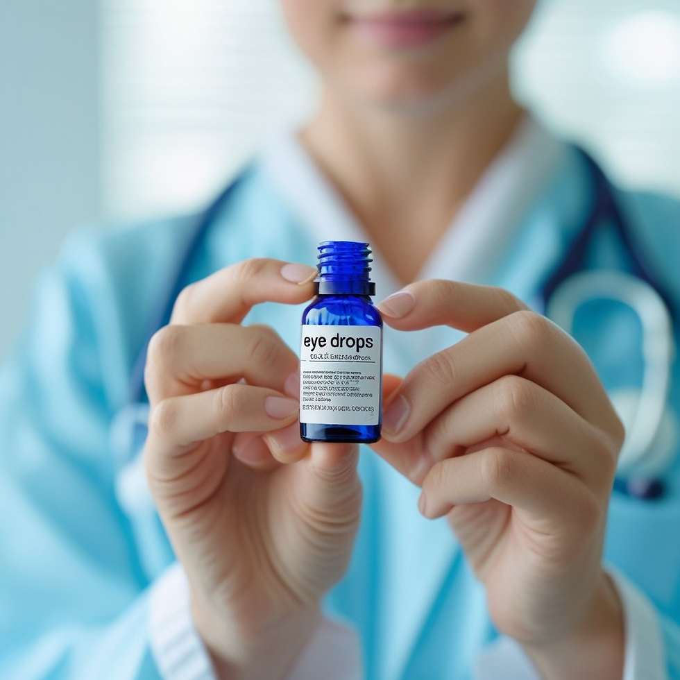 A person in a blue uniform holds a bottle of eye drops. The label reads "eye drops." The background is softly blurred, conveying a clinical setting.