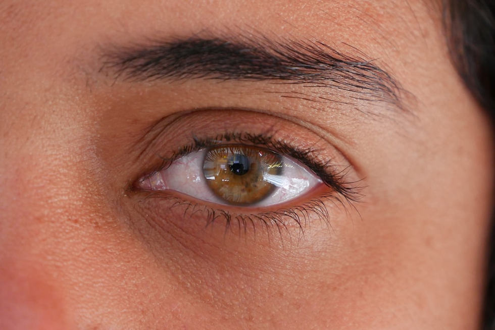 Close-up of a brown eye with reflections visible on the cornea. Eyebrow and skin texture are detailed. Neutral expression.
