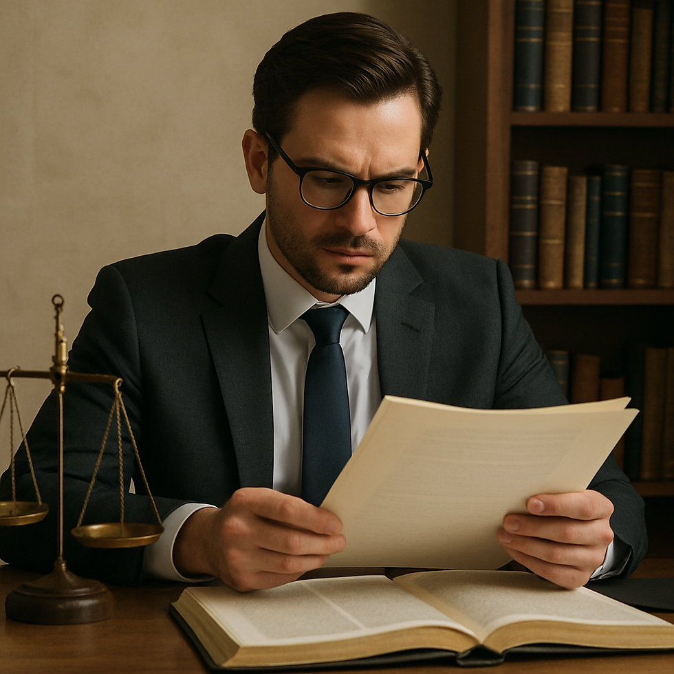 Man in a suit, reading a document at a wooden desk, law scales beside him. Background features a bookshelf with books. Serious mood.