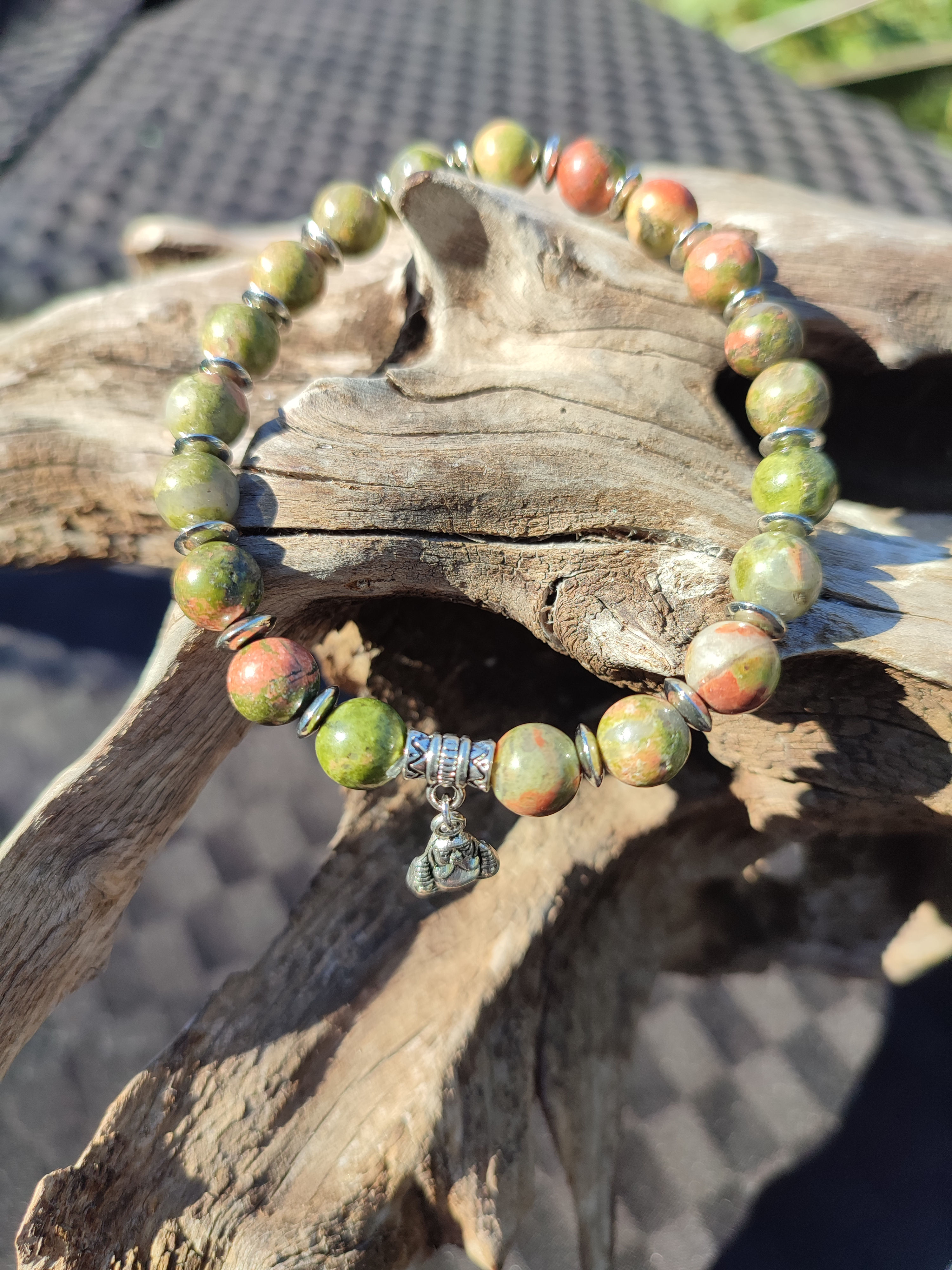 Natural Unakite 8mm Gemstone Elastic Stretch Bracelet with Charm