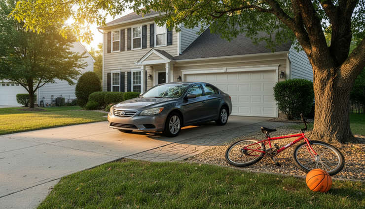 Wide-angle view of a family driveway with a parked car and a bicycle near the garage.