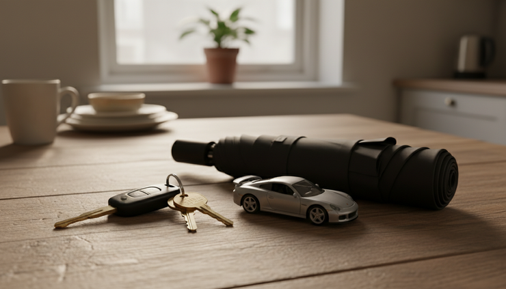 Close-up view of car keys beside a small toy car and an umbrella on a kitchen table.