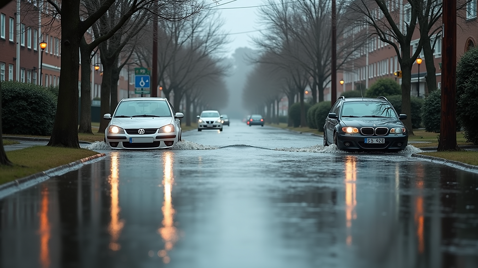 Wide angle view of a flooded street with submerged vehicles