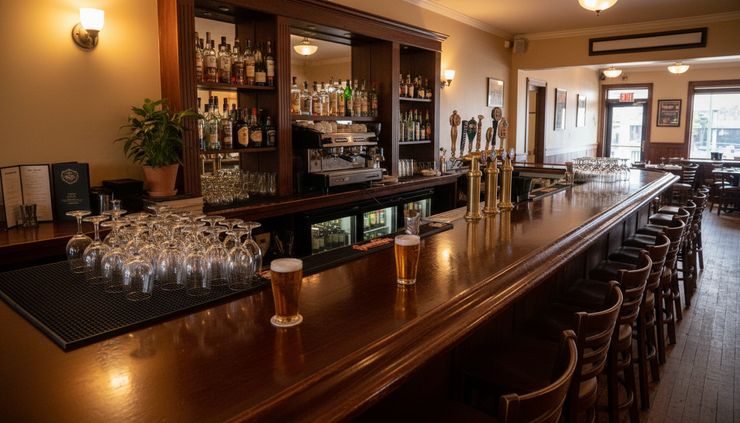Wide-angle view of a busy restaurant bar with glasses arranged behind the counter