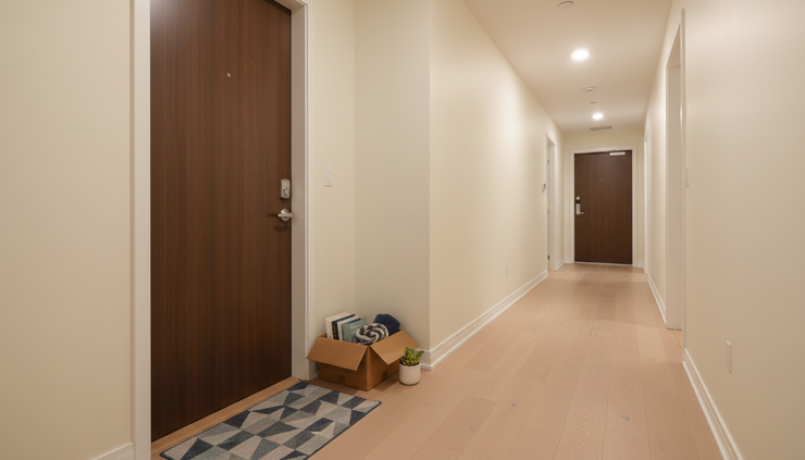 Eye-level view of a condo hallway with a closed unit door and a small box of personal belongings outside.